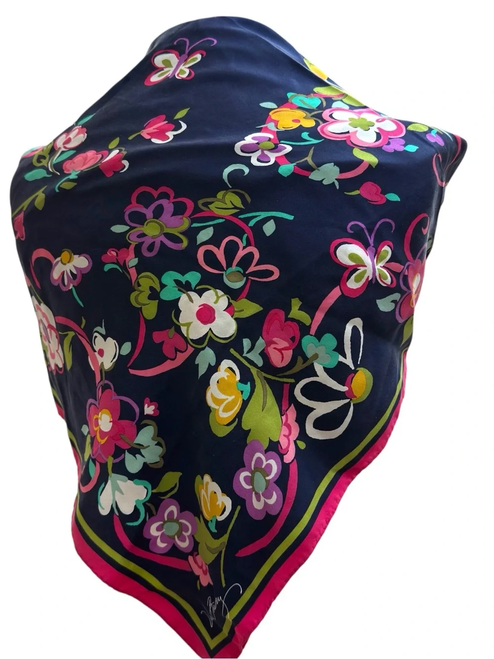 Vera Bradley Large Square Floral Scarf Navy Pink 33” Vivid Print